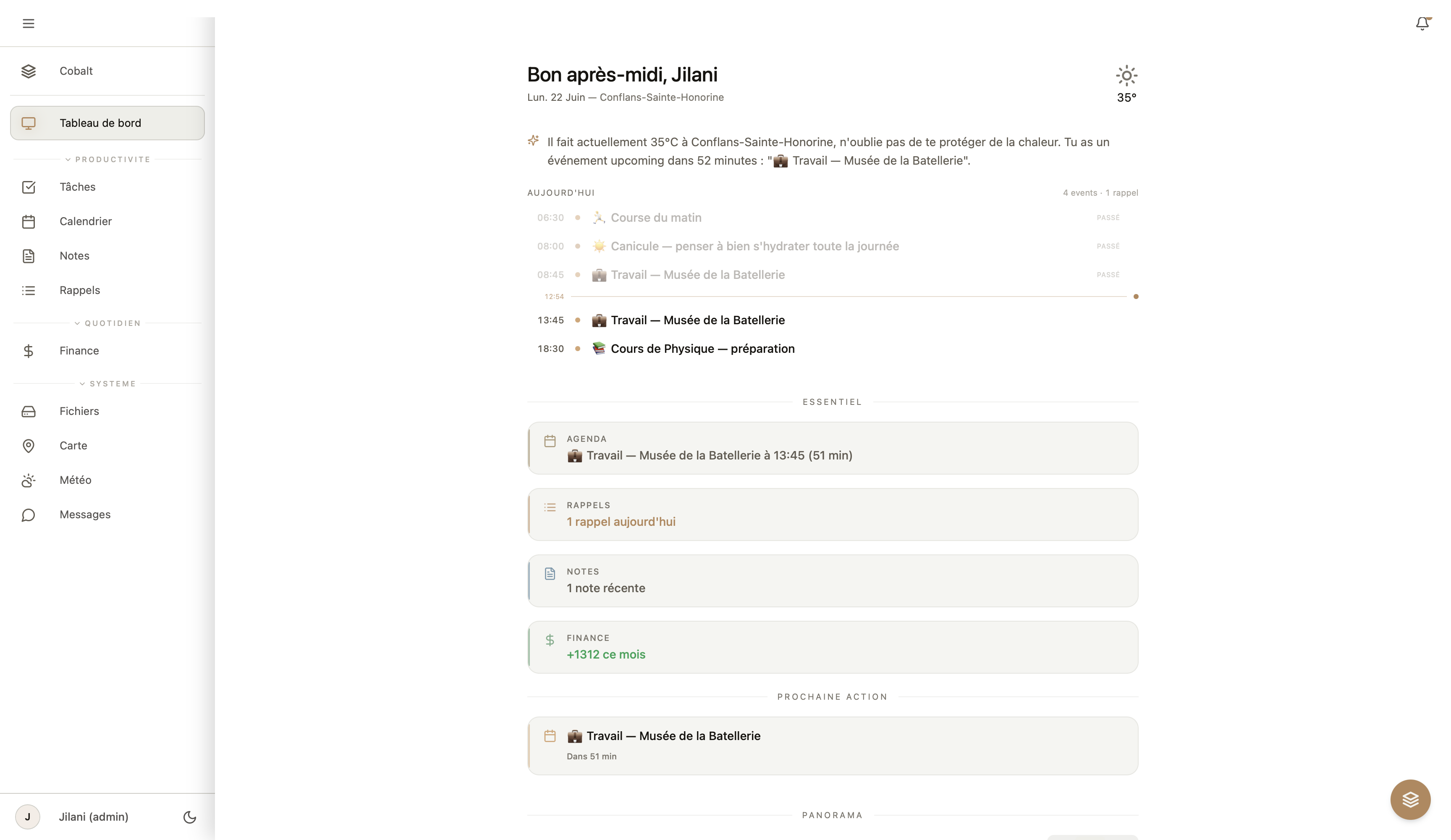 Tableau de bord adaptatif de Central